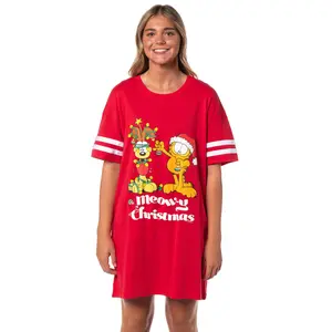 Garfield Comic Women's Meow-y Christmas Nightgown Pajama Shirt Dress For Adults
