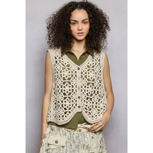 POL Clothing V-Neck Floral Crochet Button Closure Vest Top