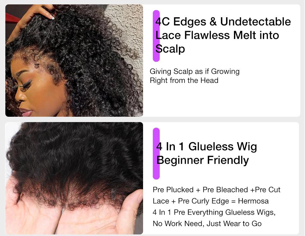 Glueless Curly Lace Front Human Hair Wig With Super Natural Hairline 360 13x6 Drawstring Wig Regular or 4C Curly Edges Hairline Option 220% Density Pre Bleached Knots #TikTokShopBlackFriday