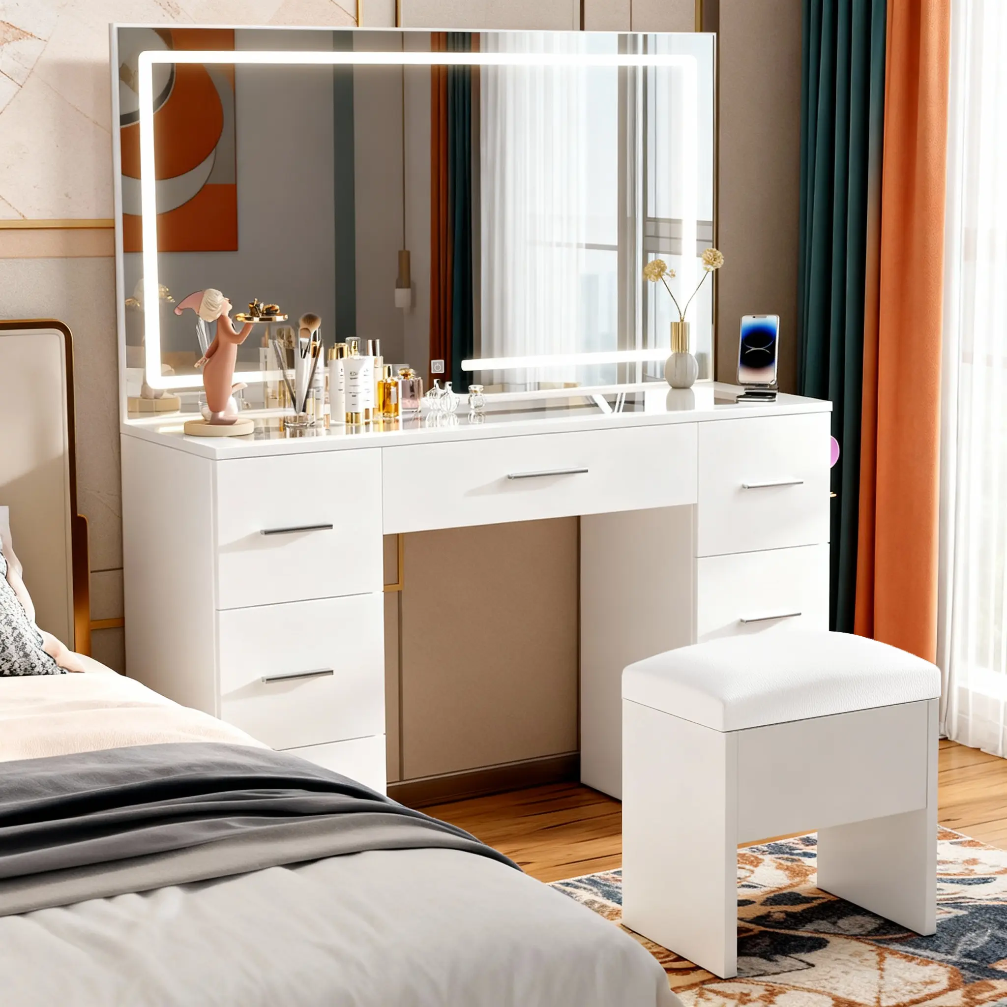 Stable White Wood Makeup Vanity Desk for Wife - Modern Hippo Furniture with Bright LED Mirror (3 Color Modes), Glass Top, Power Station, 7 Storage Drawers, Matching Stool, Fast Setup Guide for Makeup Organization