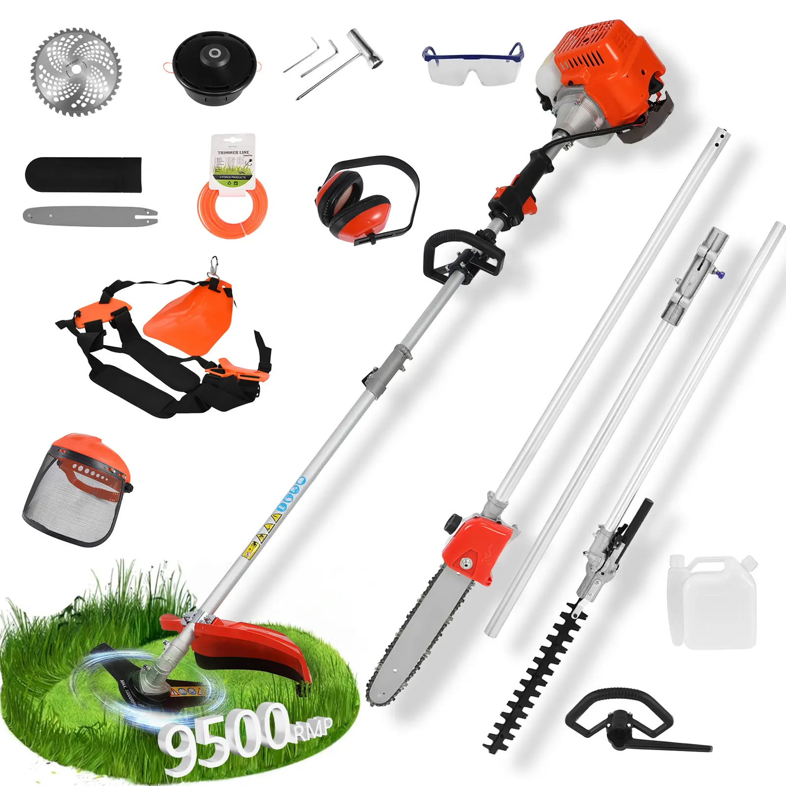 52CC Gas 5-in-1 Garden Tool Set - Cordless Hedge Trimmer, 2-Stroke Brush Cutter, Handheld Chainsaw, Nylon Rope Lawn Mower, Single Cylinder, Oil Tank, Head Cover, Glasses, Dual Wire, 2mm Line Diameter, 35cm Width