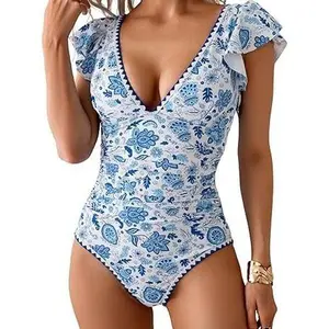 Aidonger SummerVibes  Women's One Piece Ruffle Swimsuit Tummy Control Bathing Suit V Neck Shell Stitched Swim Suit Slimming Swimwear