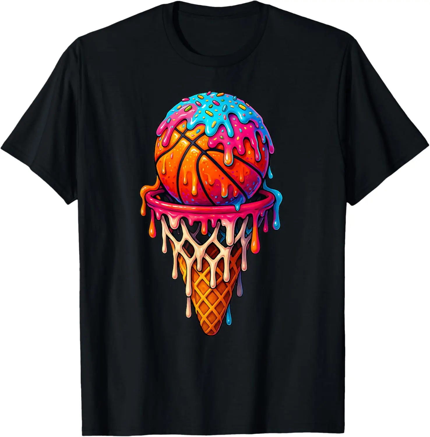Basketball Ice Cream Drip for Boys Girls Youth Basketball T-Shirt - Crewneck Men Women Youth Boys Girl T-shirt Cotton Fabric
