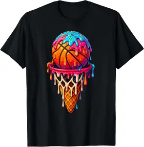 Basketball Ice Cream Drip for Boys Girls Youth Basketball T-Shirt - Crewneck Men Women Youth Boys Girl T-shirt Cotton Fabric
