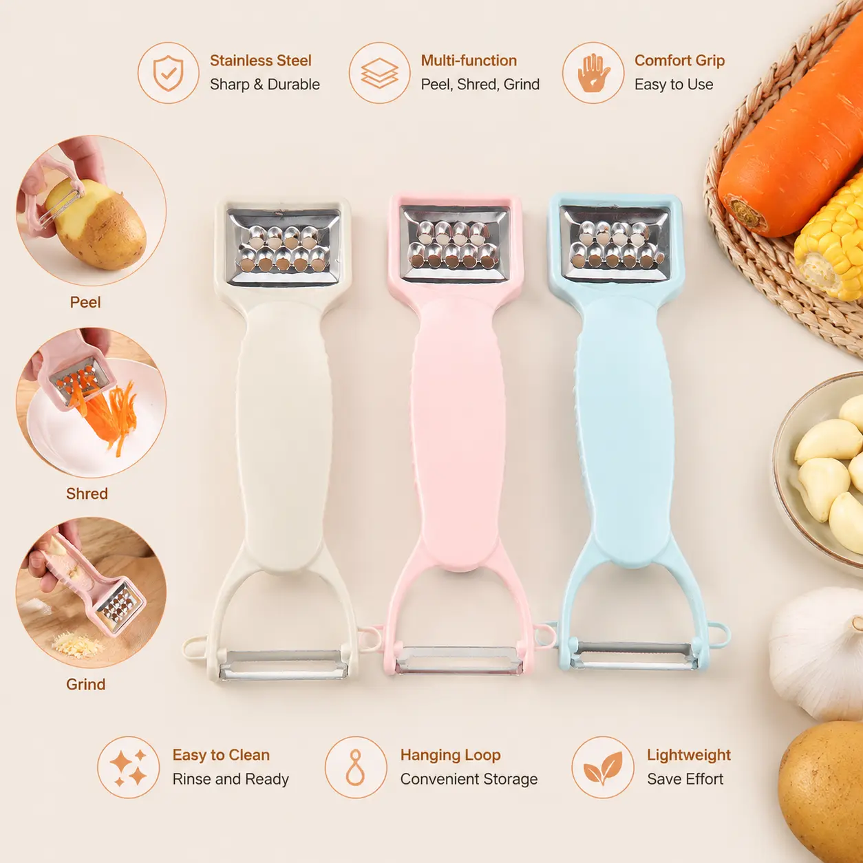 1 Count, Multifunctional Fruit Vegetable Peeler with Stainless Steel Blade, for peeling, shredding and garlic grinding for daily home kitchen use
