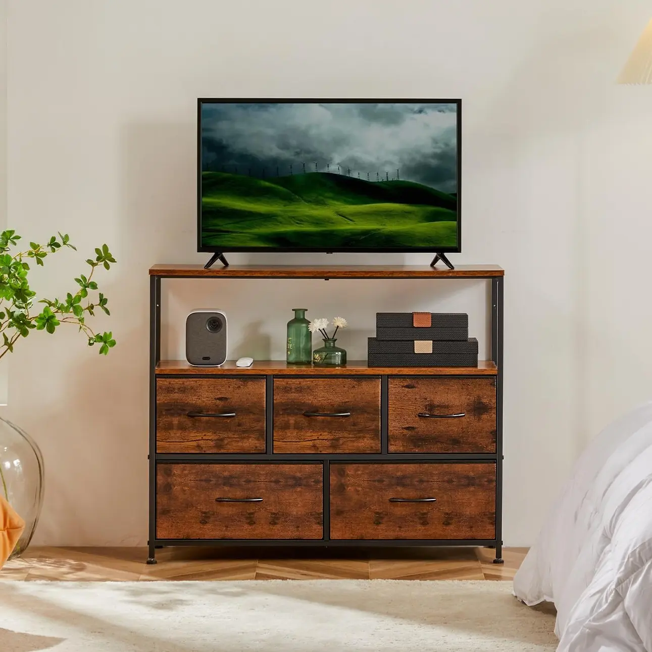 Dresser TV Stand, Entertainment Center with 5 Fabric Drawers, Media Console Table for TV with Open Storage Shelf Dresser