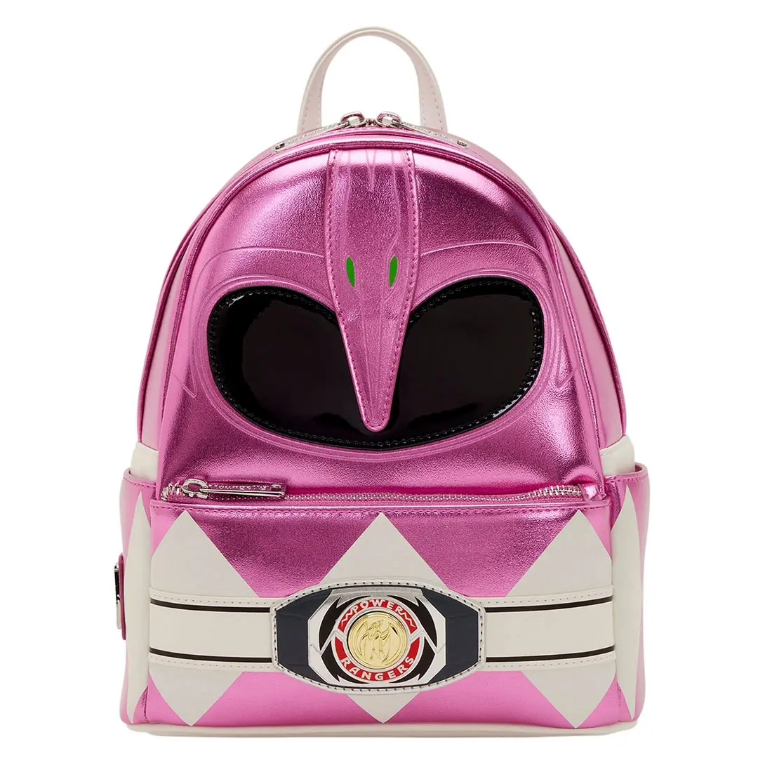 Pink Ranger Cosplay Mini Backpack for Power Ranger Fans, Retro 90s Style Metallic Faux Leather with Debossed Details & Molded Charm, Collectibles, Retro Style, 90S Look, Debossed Text, Mid Shiny Faux Leather, 9” W X 10.5” H X 4.5” D, Everyday Carry