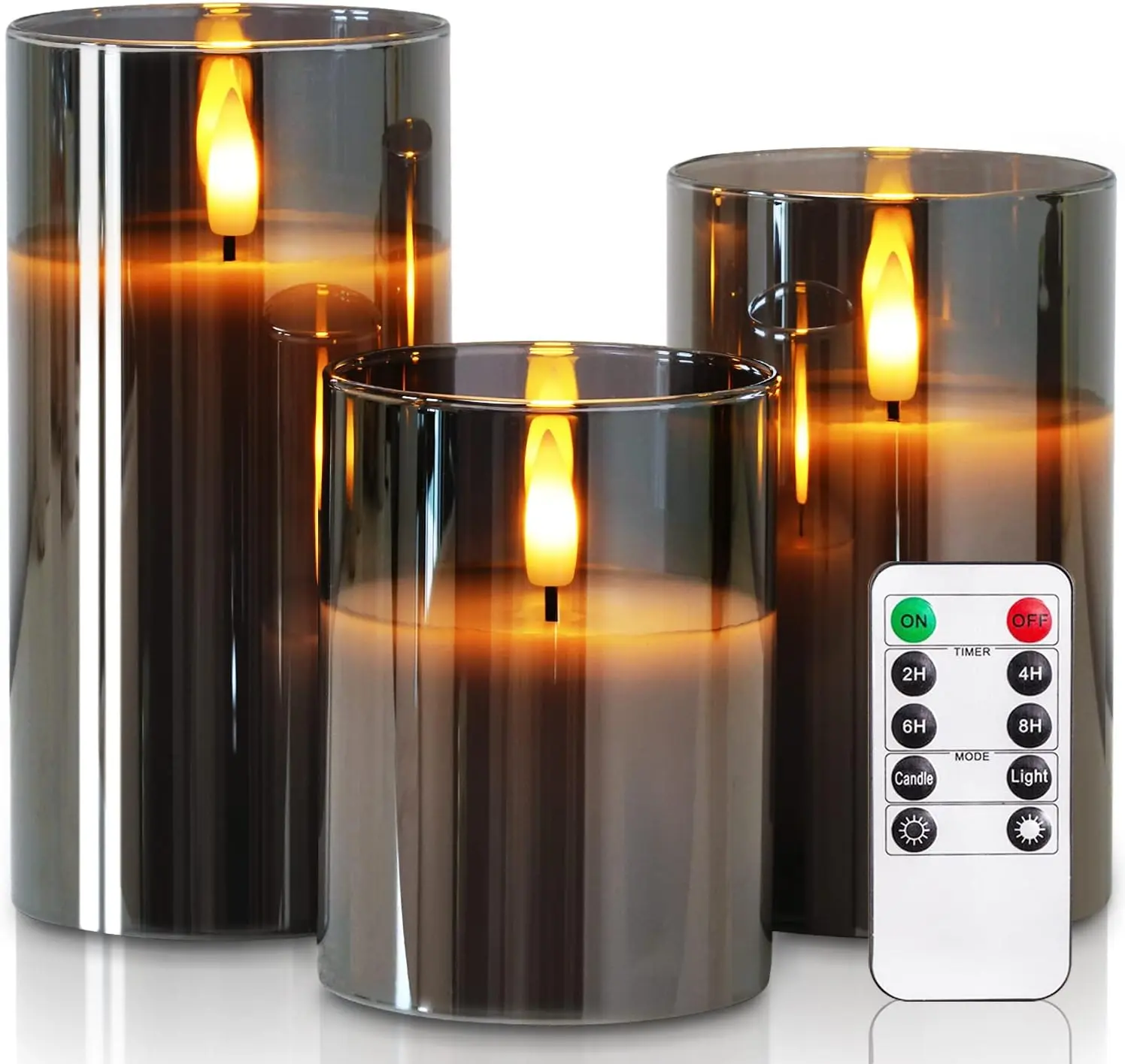 Grey Glass Flameless Candles, Battery Operated LED Pillar Candles with Remote Control and Timer, Radiance Candles, Real Wax, Set of 3,D3 xH4 5" 6" #SummerVibes