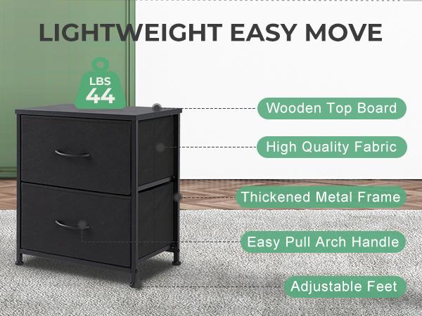 2 Drawers Nigtstand for Bedroom, Tall Chest Organizer with Fabric Bins, Steel Frame, Black