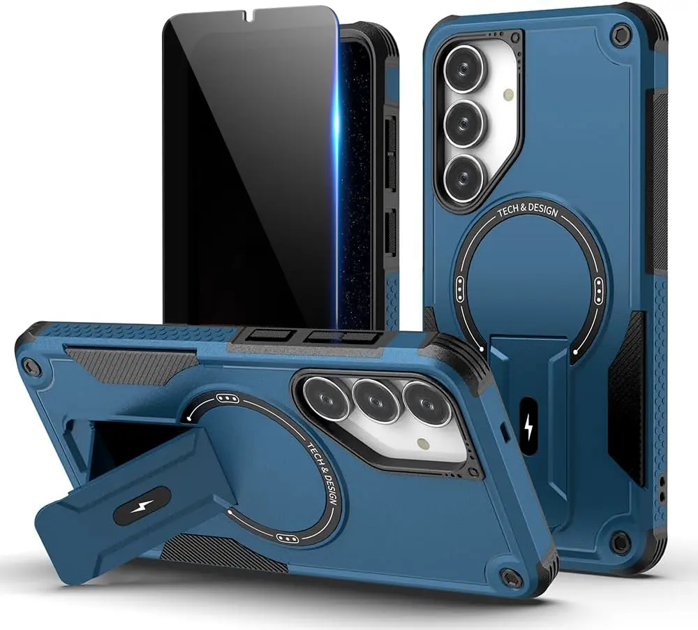 Samsung Galaxy S25 FE Smartphone Casing - MagSafe Compatible (With MagSafe), Privacy Tempered Glass Screen Protector, Invisible Kickstand, Shockproof Protection, Blue Accessory for S25 FE Devices