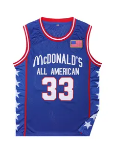 Men's Blue Basketball Jersey with Red White Trim, All American 33 Flag Patch Back BRYANT 33 Adult Casual Sports Outfit