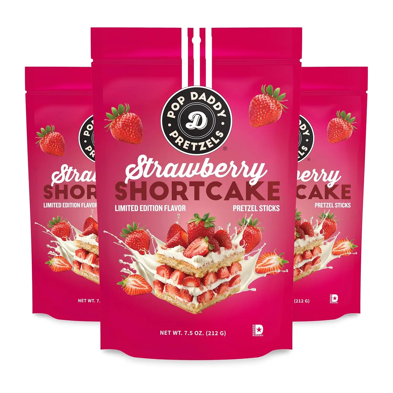 Pop Daddy Flavored Pretzels Sticks, Gourmet Pretzels Snacks, 7.5oz Individual Bags, 3 Pack, Strawberry Shortcake