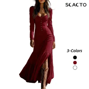 Scacto Women's Solid Color Vintage Western Long Sleeve Ruffle Lace Trim Sexy Maxi Dress With Center Slit Spring Fall Cowgirl Style