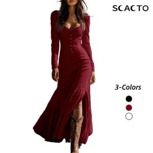Scacto Women's Slim Elegant Polyester Fabric Lady's Vintage Western Long-Sleeve Ruffle Lace Trim Drape Maxi Dress with Center Leg Slit, Cowgirl Style for Spring & Fall