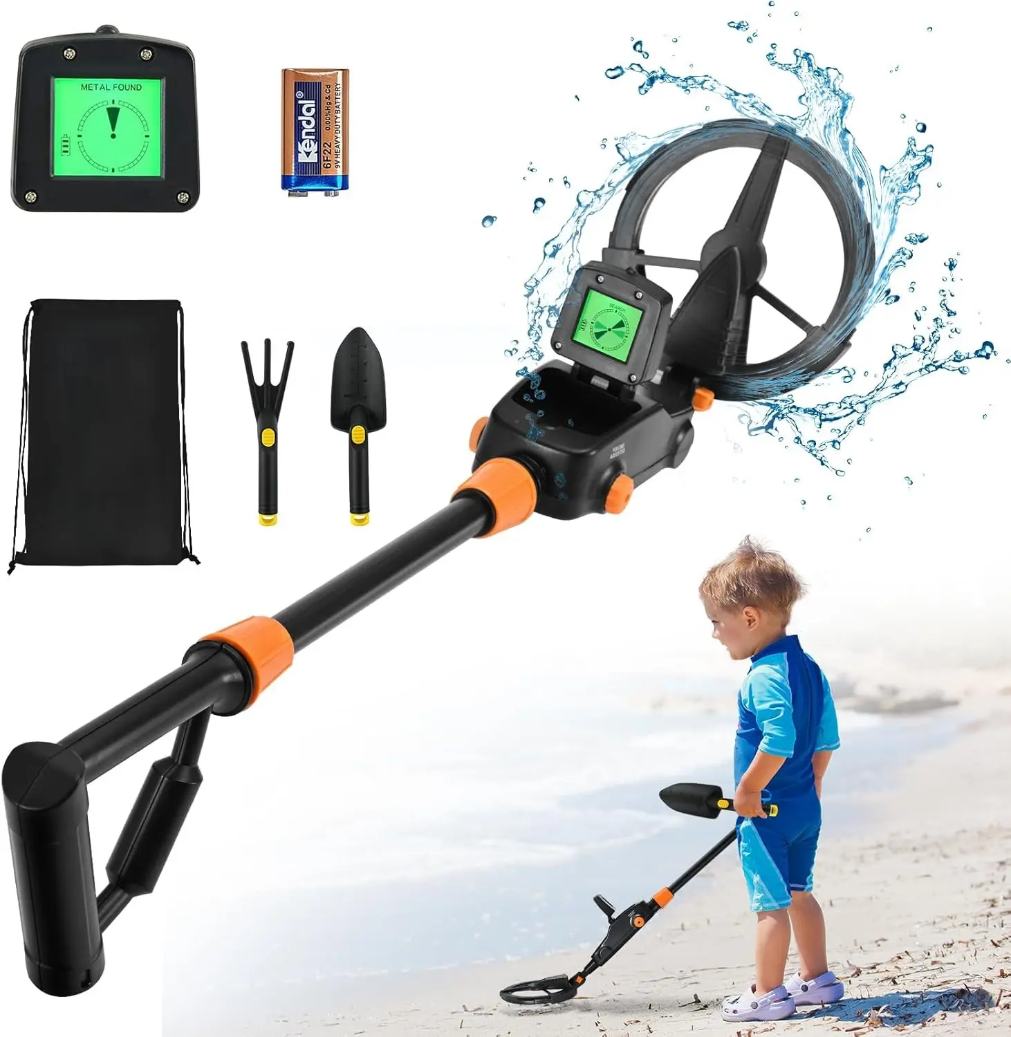 Metal Detector for Kids, IP68 Waterproof Kids Metal Detector Professional High Accuracy with LCD Display, Adjustable Metal Detectors Toys for Kid Boys Girls Lightweight Gold Detector (Orange)