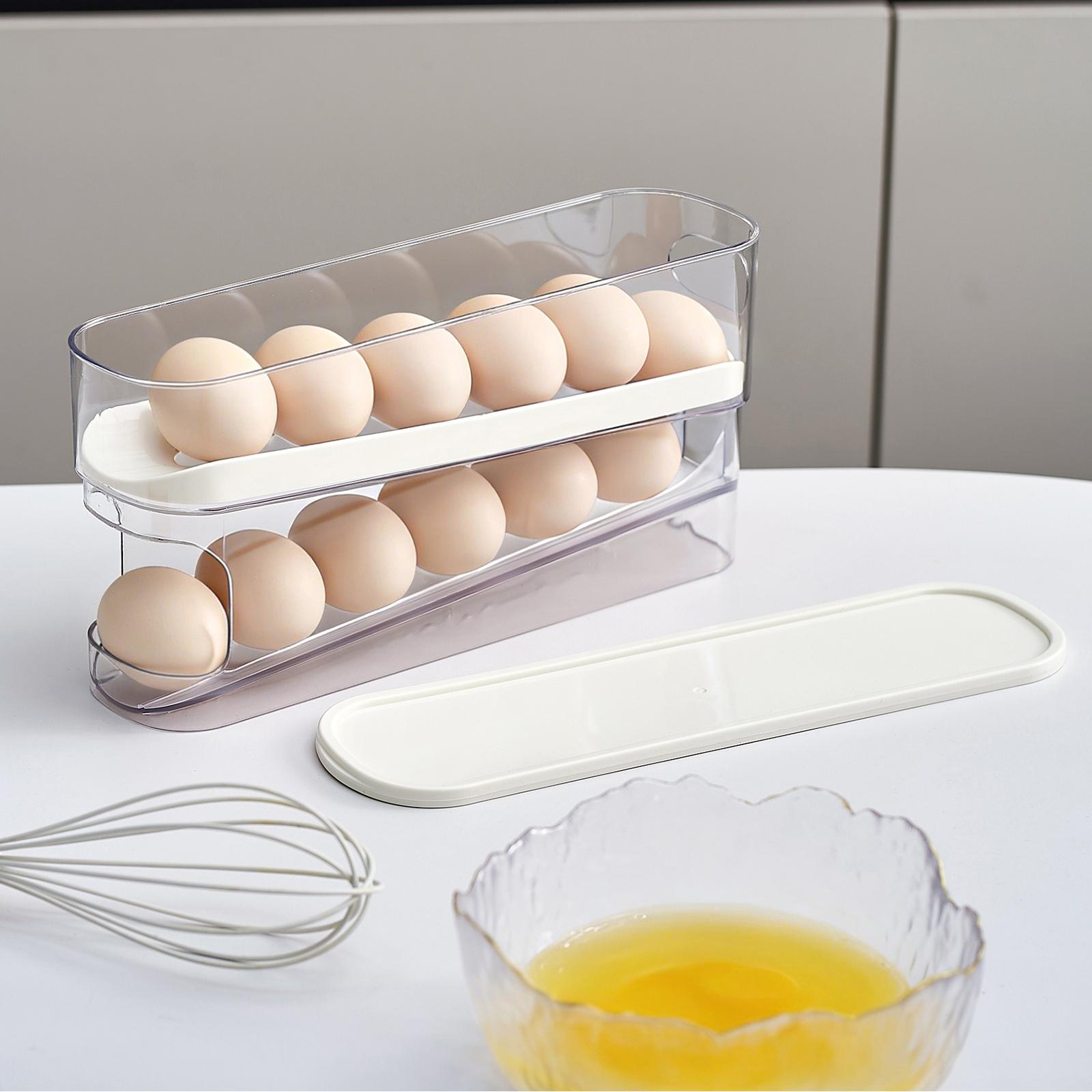 UFORU Automatic Egg Dispenser for Refrigerator, Auto-Rolling Egg Organizer with Lid & Handle, Slim Kitchen Storage Container for Fridge, Space-Saving Egg Holder for Countertop