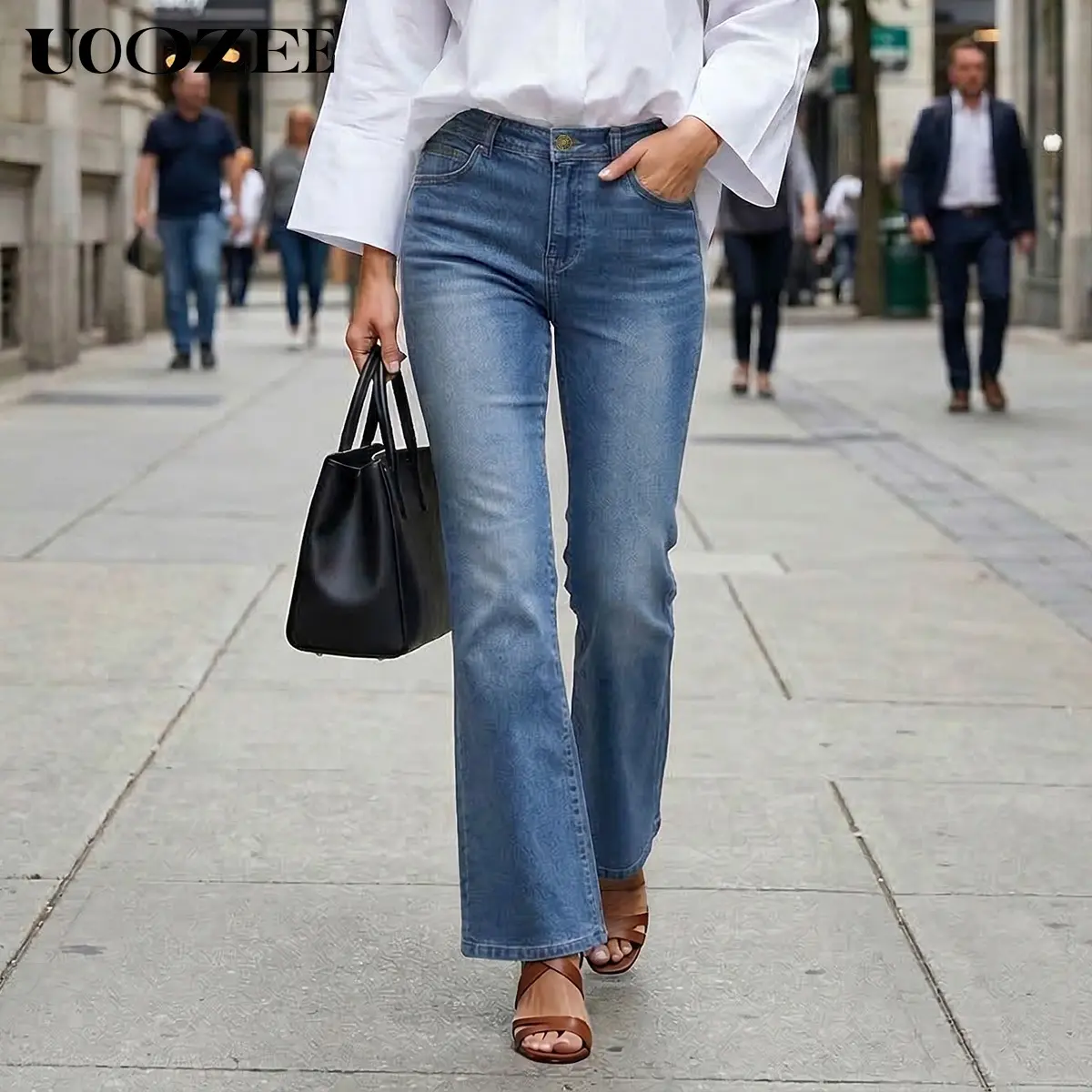 UOOZEE Women's High Waist Fitted Stretch 90s Fine Fashion Flared Jeans - Smooth Cotton-Polyester Minimalist Pocket Bottoms, Retro Smart Casual for Spring-Fall, Everyday Wear (Waist Runs Small - Check Size Guide or Order Large), Vibe, Fabric, Simple Fits,,