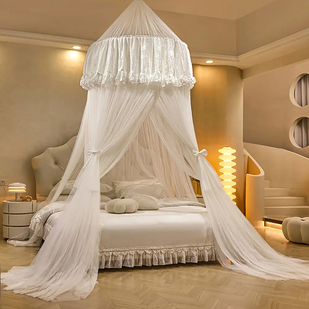 Bed Canopy for Girls & Adults, Round Dome Lace Princess Canopies Netting, Cute Double Layer Bed Canopy Drapes for Decoration, Reading, Sleepping, Mesh Netting, Room Decor