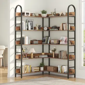 5-Tier Tall Corner Bookshelf, Heavy Duty Industrial L-Shaped Bookcase with Metal Frame, Modern Display Storage Shelf for Living Room Home Office