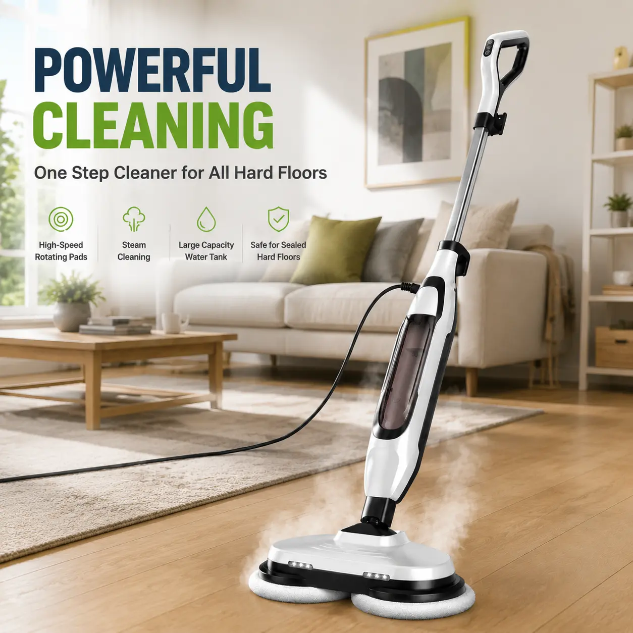 Sweetcrispy S-Dual-Swiveling Head Corded Steam Mop Steam Cleaner, Lightweight Electric Hard Floor Cleaner with LED Display, 2 Spinning Machine-Washable Quick-Dry Mop Pads, Visible Water Volume, for Hardwood, Tile Floors