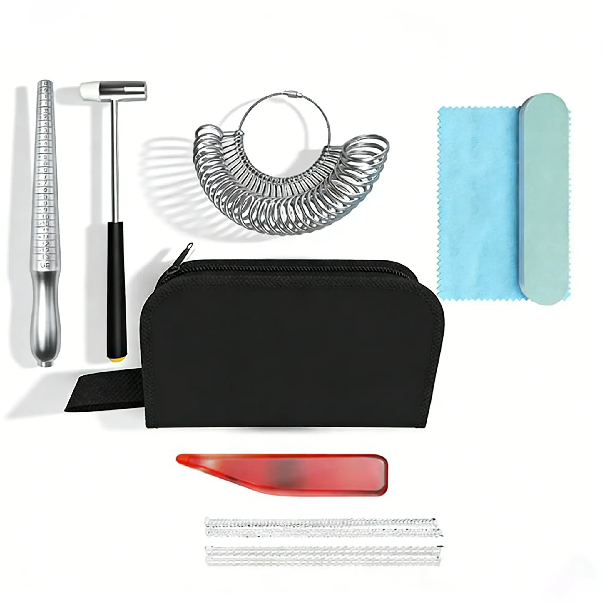 DIY Craft Jewelry Making Complete Kit with Steel Ring Mandrel, Hammer, Sizer Loops, Buffing Stick & Polishing Supplies for Adjusting Sizes, Creating Custom Pieces