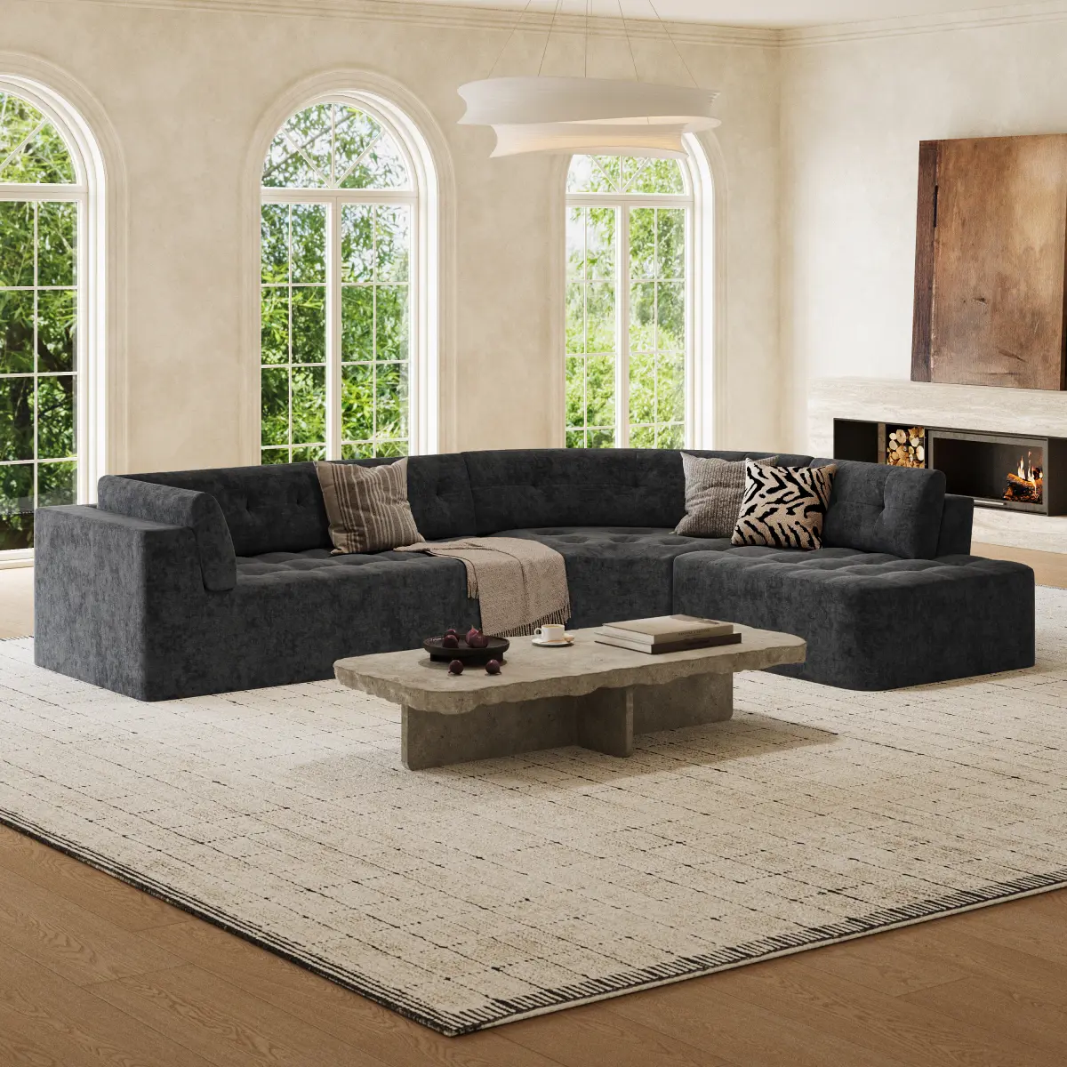 [Bellemave] 119'' Sectional Sofa, Curved L-Style Right-Hand Facing Couch with Fully Upholstered Arms, Tufted Design, Modern Minimalist Look