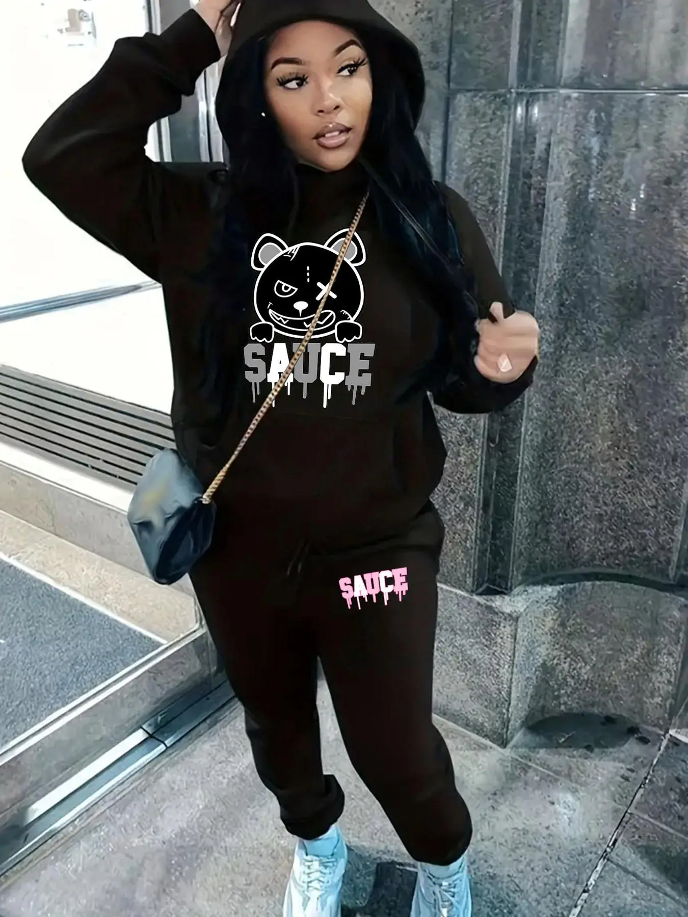 【Plus Size】 Two-Piece Set Cartoon Bear & Letter Print Sweatshirt & Drawstring Waist Sweatpants Set, Casual Long Sleeve Hooded Pullover & Pocket Jogger Pants, Women's Fall & Winter Clothes