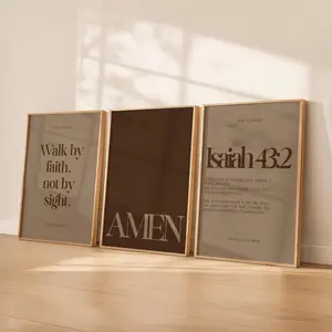 Modern Christian Wall Art Set of 3 – “Walk by Faith” Isaiah 43:2 Daily Reminder Scripture Prints, Neutral Bible Verse Decor for Room, Unframed