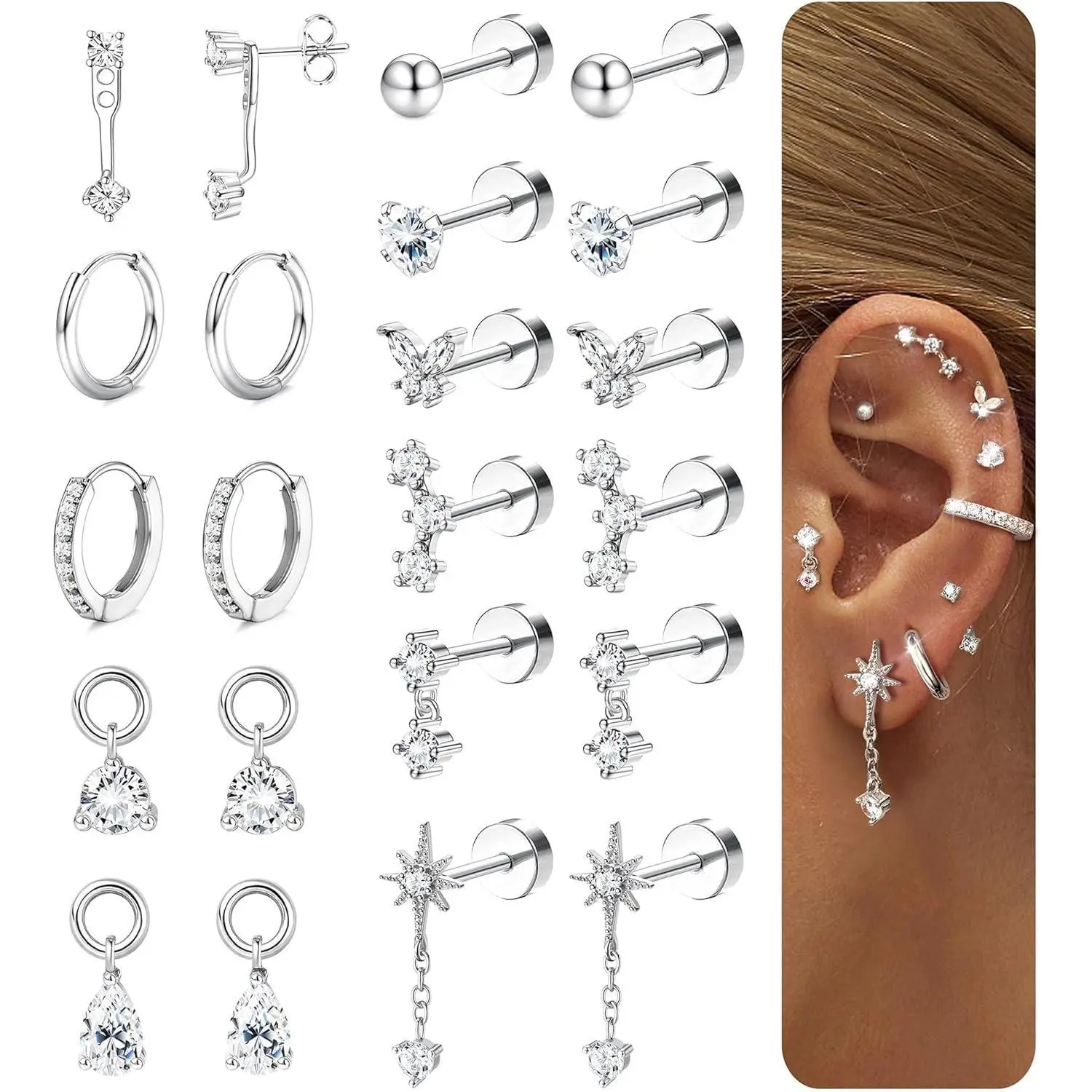 YADOCA Hypoallergenic Silver Flat Back Earrings for Women - 14K plated Gold Plated Surgical Stainless Steel Earring Stacks Set | Small Stud & Hoop for Cartilage Helix Tragus Piercing Jewelry Comfort Gift