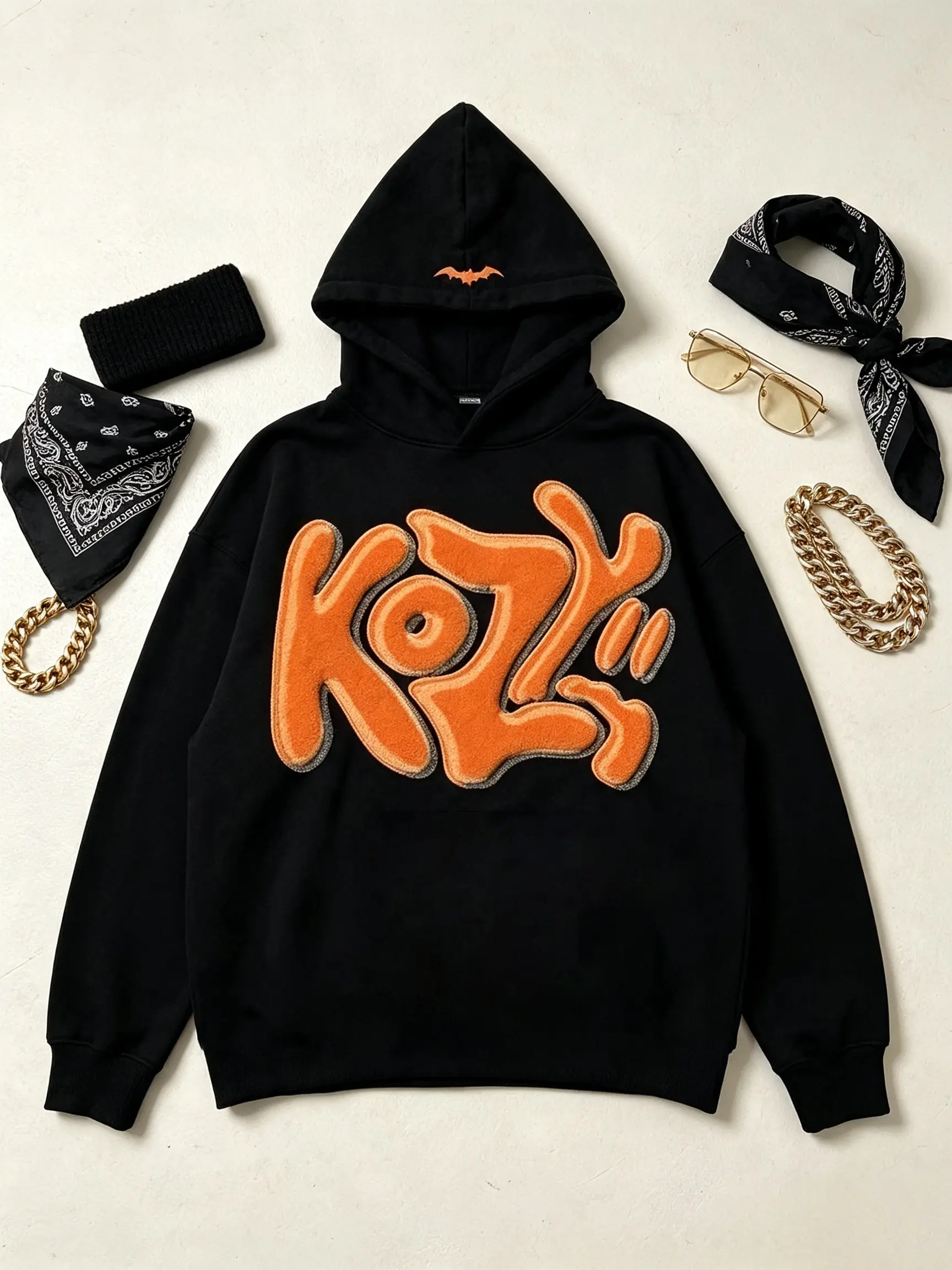 Y2K KOZY Graffiti Hoodie, Men Women Oversized Streetwear Sweatshirt, Gothic Bubble Letter Print Pullover with Bat Detail, Casual Harajuku Style