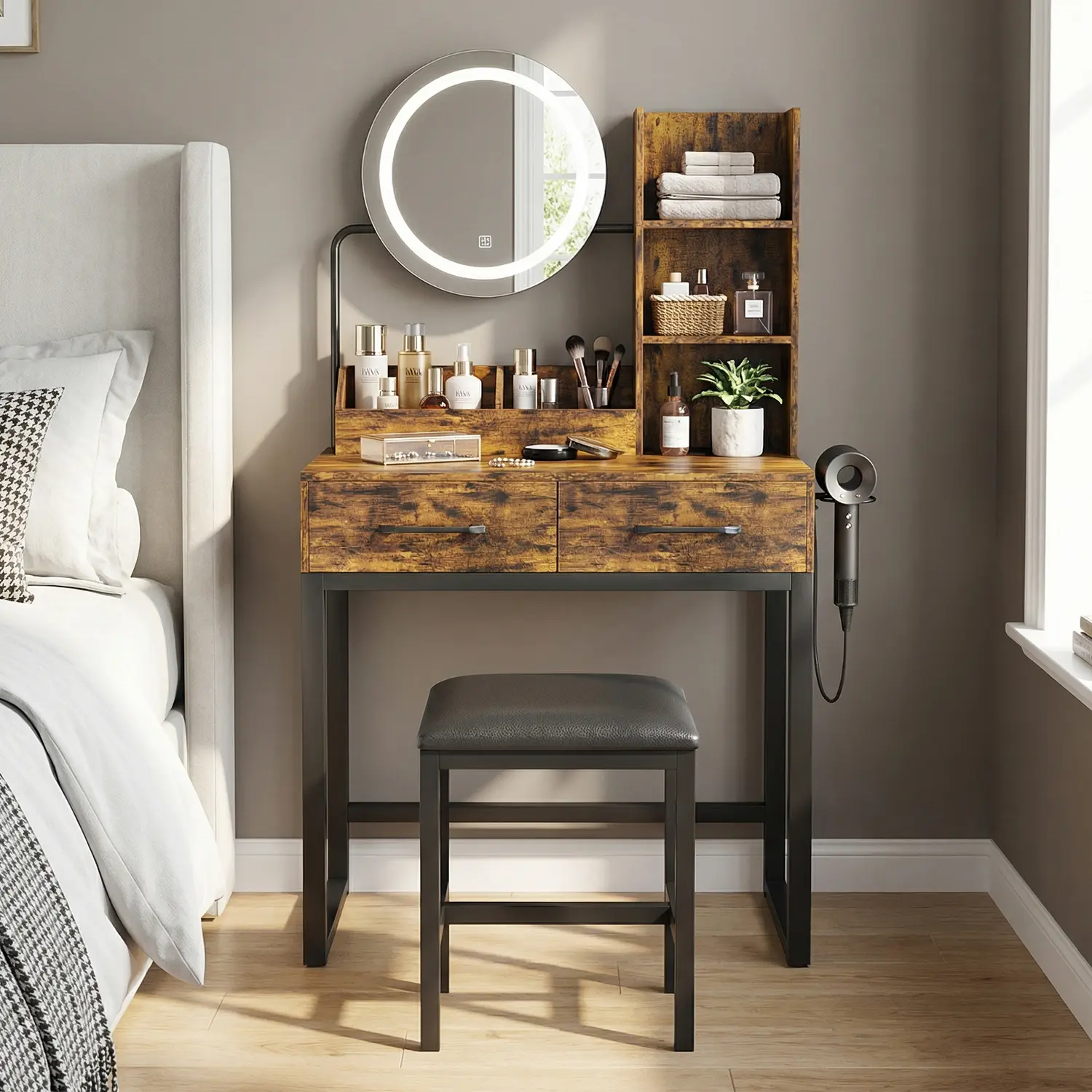 Rustic Classic Makeup Vanity Table with LED Mirror, 3 Color Modes, Power Outlet, 2 Large Drawers, Open Side Shelves, Storage, Engineered Wood, Black Metal Frame Legs & Cushioned Seat Stool - Stable for Bedroom, Daily Beauty Routines, Requires Assembly