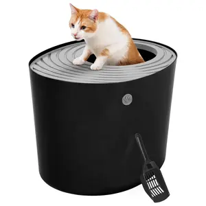 IRIS USA Large Top Entry Cat Litter Box with Lid and Scoop, Dog Proof, Black