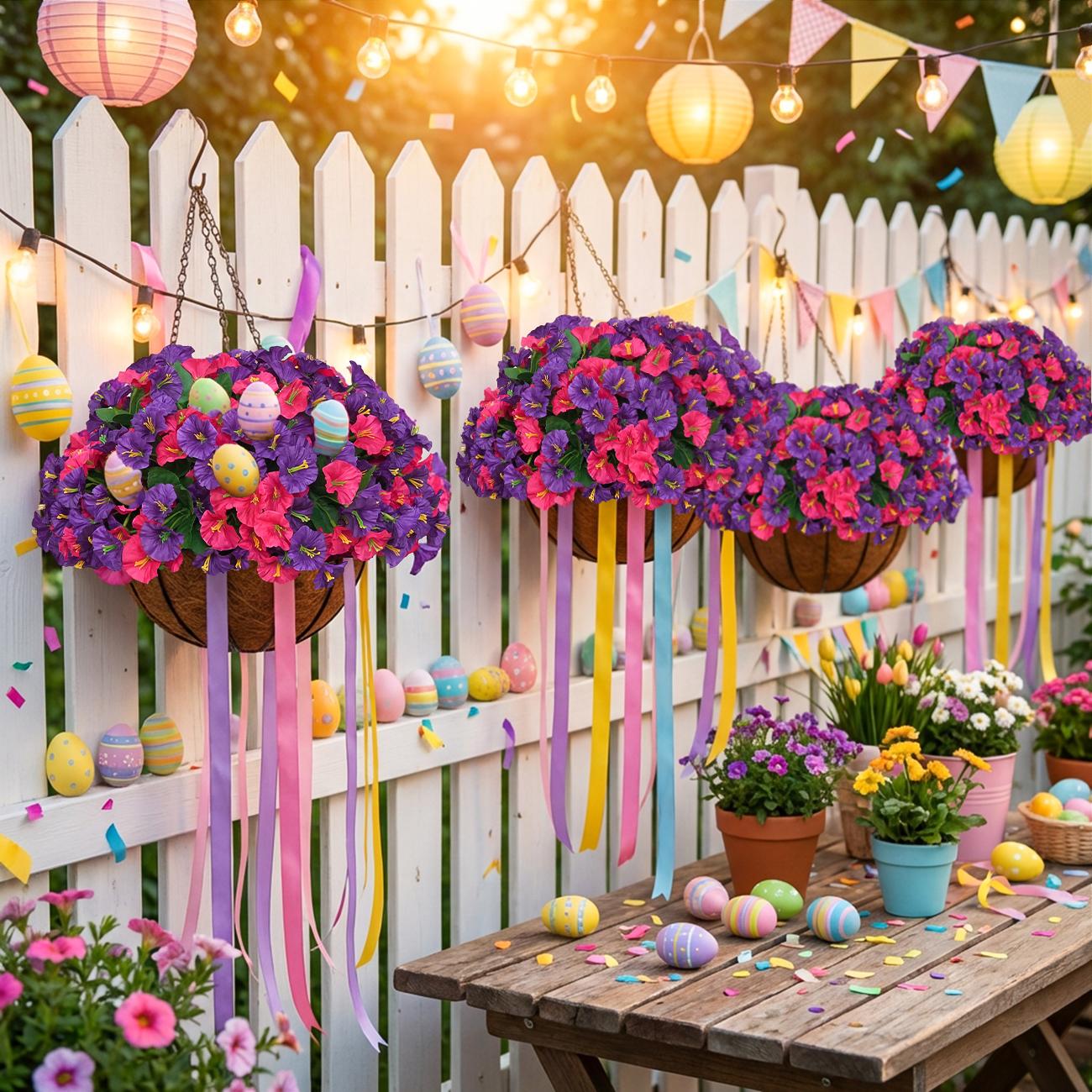 2 Pcs Artificial hanging plant and flower basket, perfect for spring and summer outdoor decoration.  Features realistic silk morning glory flowers, UV-resistant, and suitable for porches, patios, balconies, and gardens.