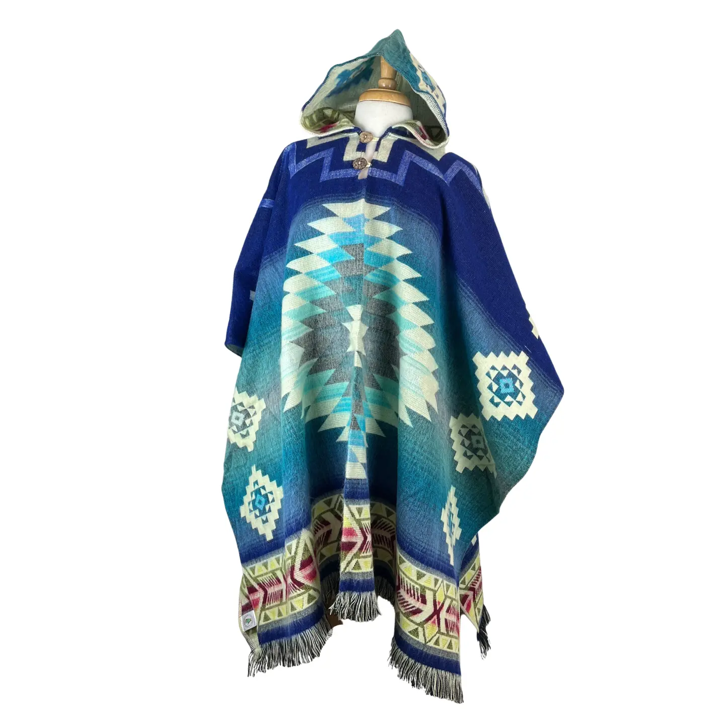Artisan-Woven Alpaca Poncho in Blue Sky & Beige | Hooded Unisex Cape with Geometric Bands, Wood Button, Fringe & Soft Drape, Breathable, Beach, Lightweight, Piece