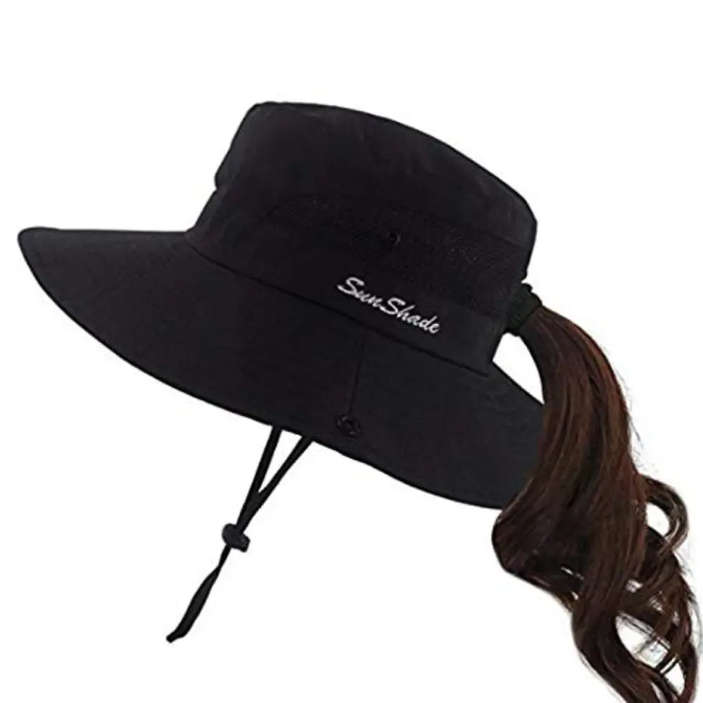 Women's wide-brimmed sun hat with ponytail loop | Foldable, adjustable strap, breathable mesh back, protective, ideal for summer fishing, camping, and beach activities | Stylish headwear, durable, machine washable - perfect Easter gift.