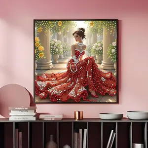 Special Shape Diamond Art Kits for Adults, Red Dress Beauty in The Hallway Pattern 5D Diamond Painting Kits for Beginner, Gem Art, Diamond Crystal Rhinestones Painting Kits, 11.8x11.8 in