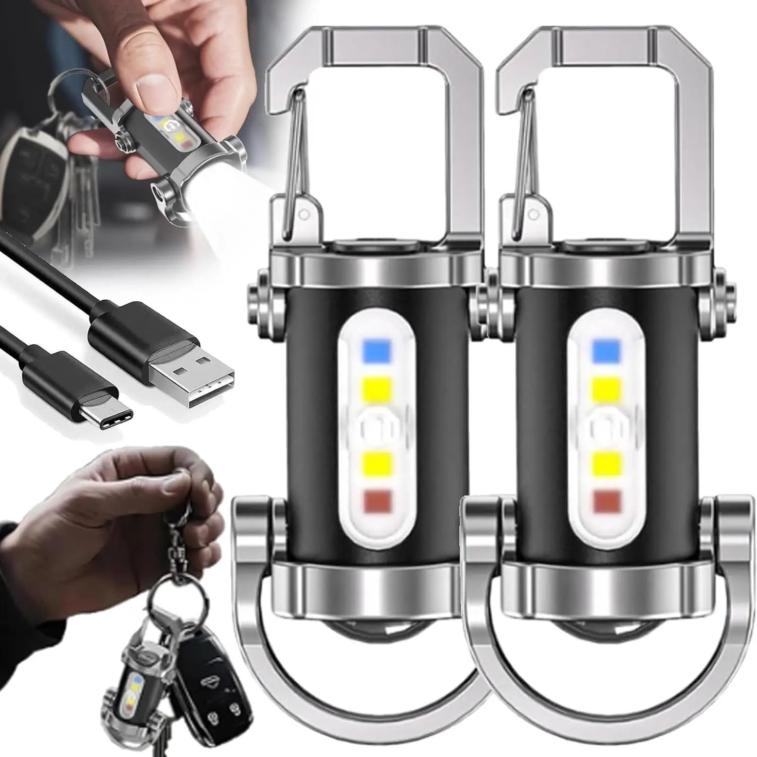 2-Pack/4-Pack Multifunctional High Lumen Portable LED Flashlights Keychain, USB-C Rechargeable Waterproof Torch with Power Bank Function, Hanging Hook, 7 Lighting Modes, Ideal for Camping, Home Emergencies, Multifunctional Flashlight, High Lumen Flashligh