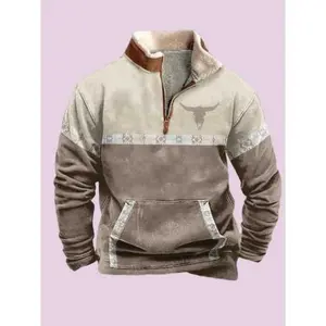Men's Western Sweatshirt 1/4 Zip Vintage Ethnic Pattern Aztec Pullover Menswear Retro Hoodie Polyester