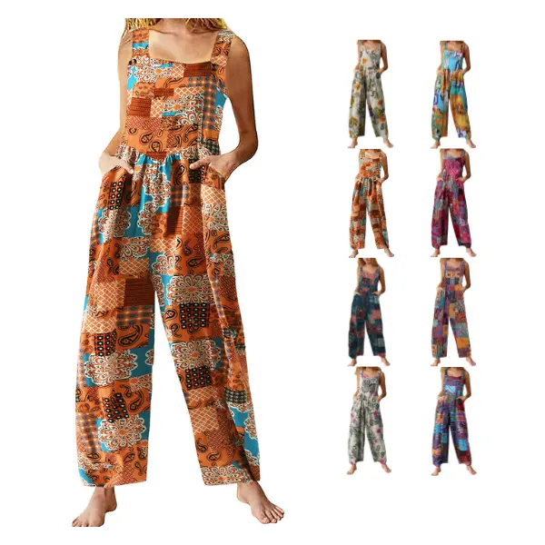Yeokou Strappy Women's Patchwork Dual-Pocket Loose Floral Print Boho Wide-Leg Bib Overalls, Boho Outfits, Women's Clothes