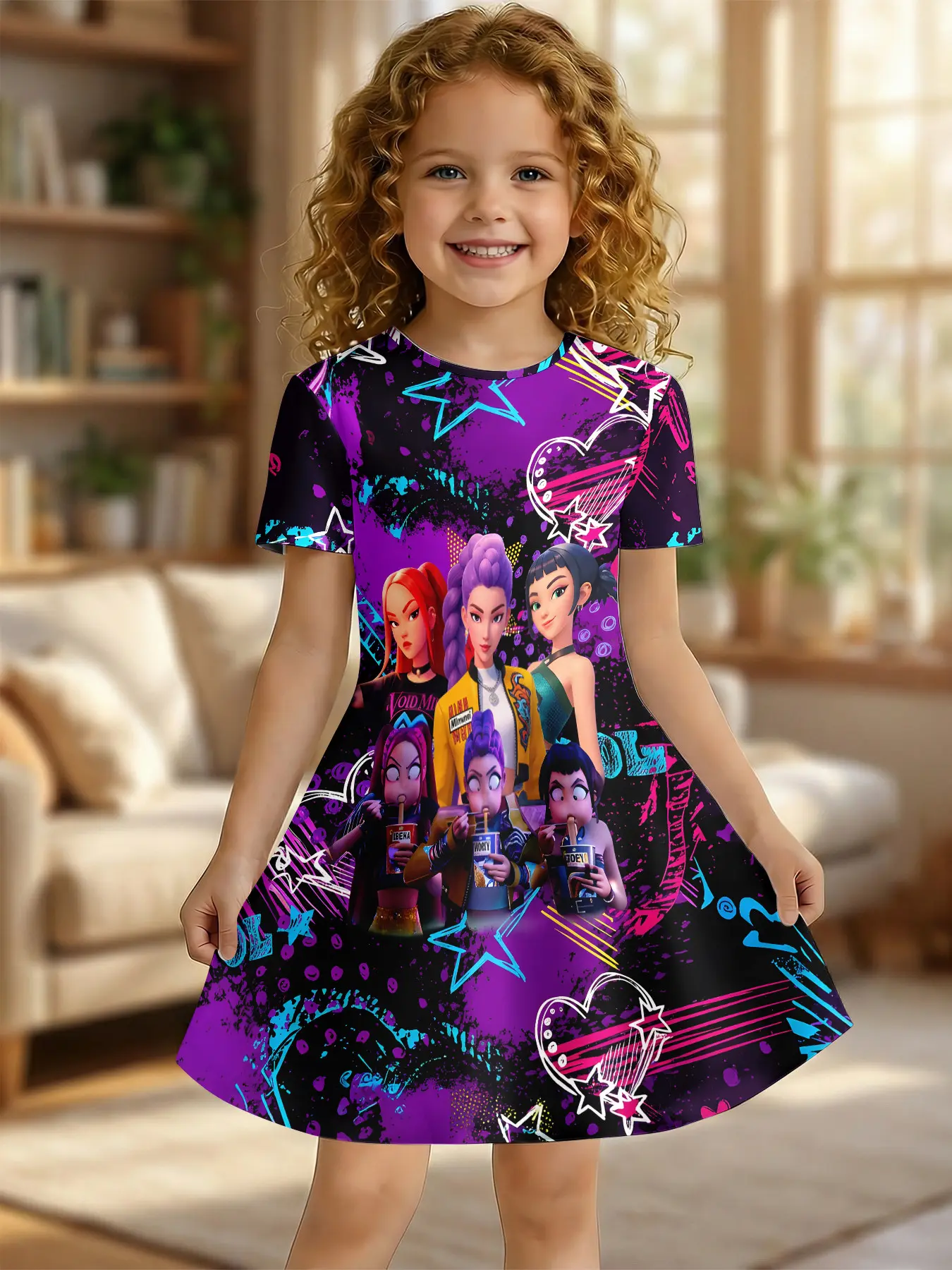 Cartoon Anime Print Girls' Dress, Kawaii Dress, Round Neck Short Sleeve Casual One-Piece, Knee Length Fitted Style, Dresses For Summer