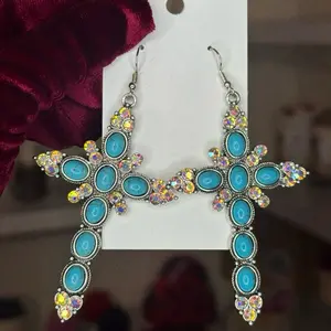 Turquoise rhinestone cross earrings