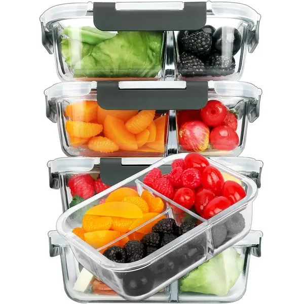 5-Pack Borosilicate Glass Meal Prep Containers (36 oz, 8in×6.5in×3in) - Crystal-Clear, Stackable, Airtight Leak-Proof Lids, Kitchen Utensils, Gym & Kid Lunch Packing Storage, Fridge Organization, Food Hacks, Dishwasher-Microwave-Oven-Freezer Safe