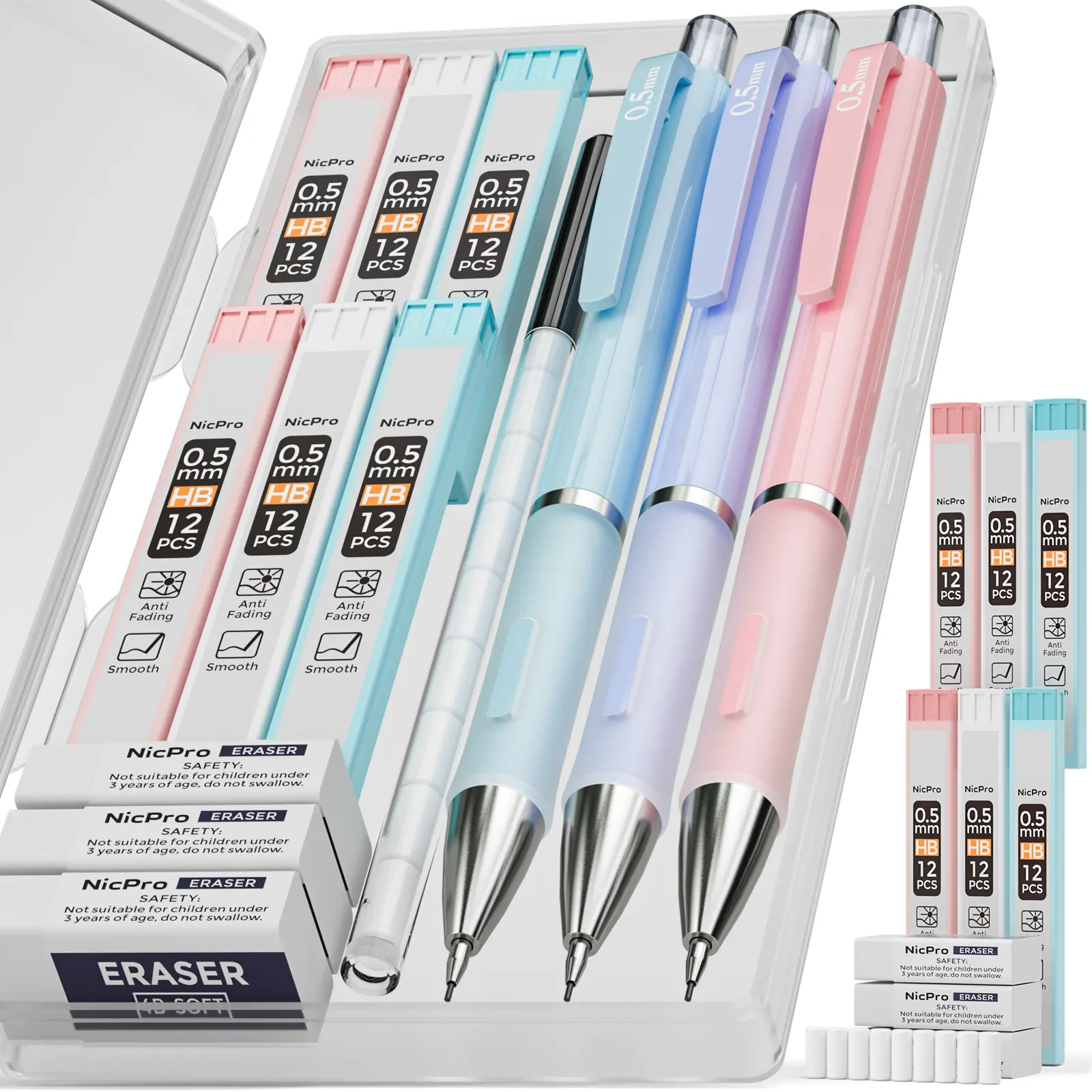 Nicpro Mechanical Drawing Pencils Set - Cute Aesthetic Assorted Pencils with Flexible Grip, Pastel Case, HB Lead Refills, 3 Erasers, 9 Eraser Refills (Blue,Pink,Violet) - Art Materials, Back to School Haul, First Day of School College Supplies