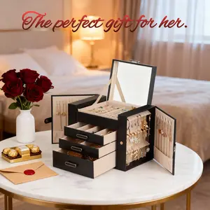 BOOVO 4-Tier Large Jewelry Box Organizer with Double Side Doors & Mirror, Anti-Tarnish Velvet Lining Jewelry Case, Minimalist PU Leather Vanity Storage, Light Luxury Gift for Her