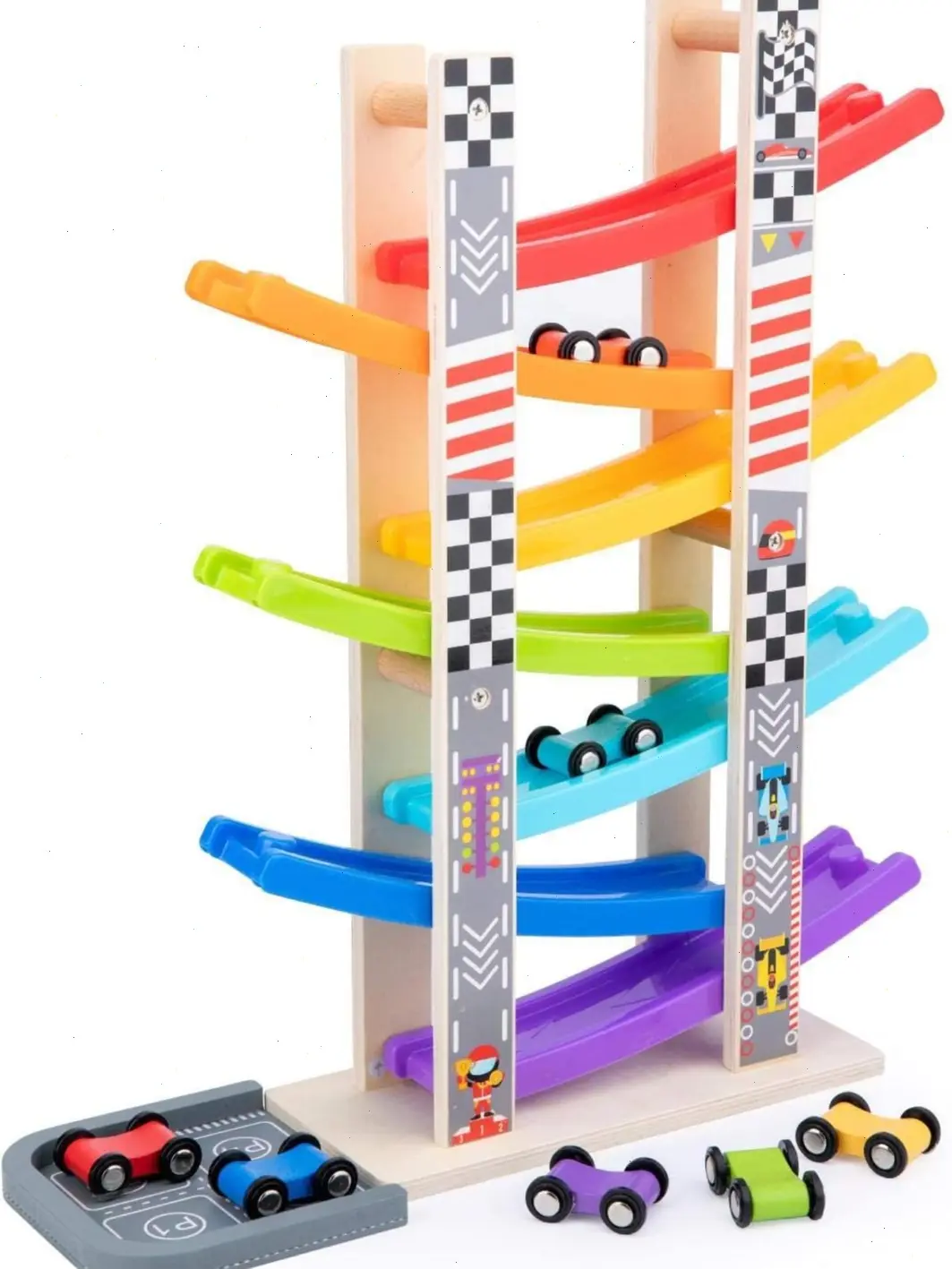 Toddler Toys for 1 2 3 Years Old, Wooden Car Ramp Racer Toy Vehicle Set with 7 Mini Cars & Race Tracks, Montessori Toys Craft Gift for Toddlers Boys and Girls
