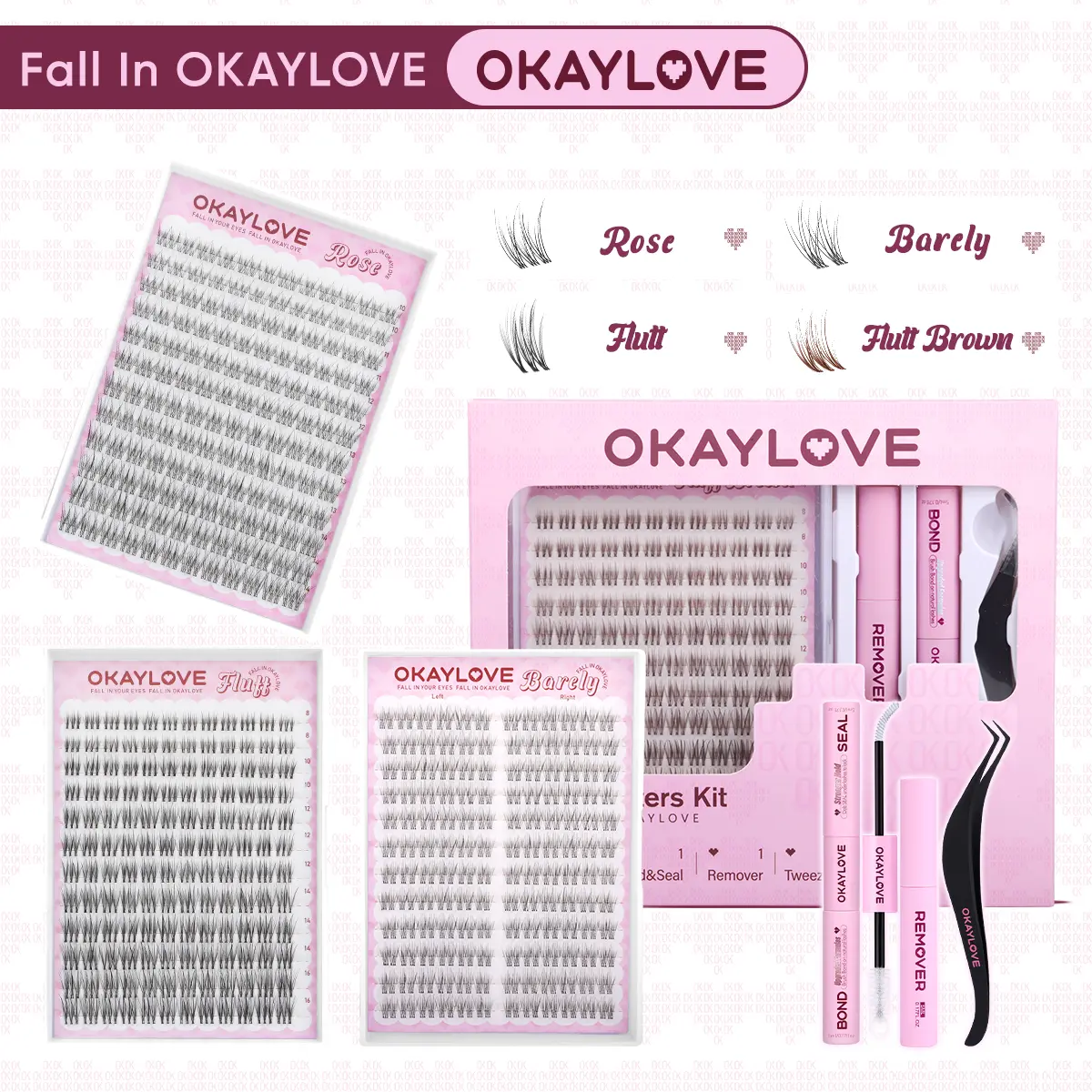 OKAYLOVE Natural Lash Clusters Kit Rose | Vivi | Nira | Flutt Brown Wispy Lash Extension Kit with Long-lasting Lash Bond and Seal,Tweezers and Remover for DIY Eyelash at Home for Natural Makeup Girl Gifts #backtoschool #sohochic