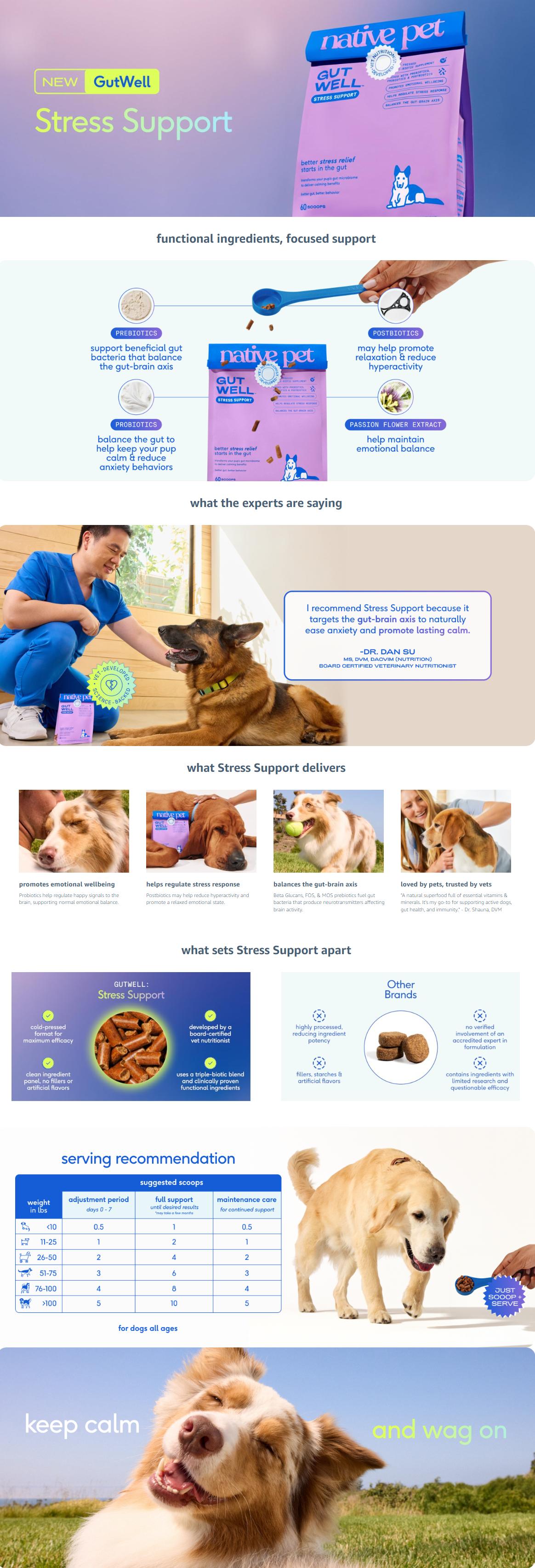 Native Pet GutWell Stress Support - Dog Anxiety Relief & Calming Care Food Topper - Separation Anxiety Relief for Dogs with Daily Use - Support Gut-Brain Axis with Triple-biotic Blend & Magnesium