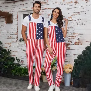 Unisex American flag workwear for couples American patriotic workwear men's adjustable denim jumpsuit with zipper and pocket, women's