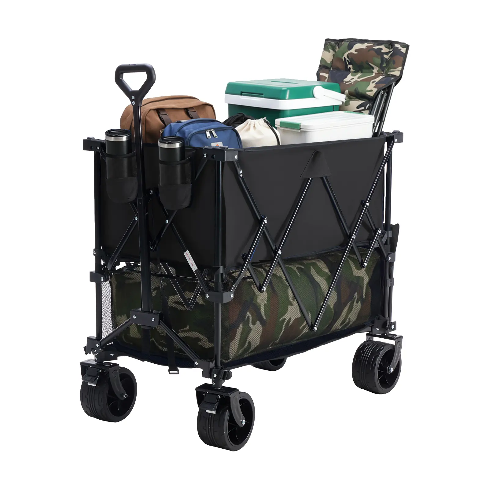 Sweetcrispy 320L Heavy Duty Collapsible Outdoor Double-Decker Wagon - 440 lbs Capacity, Brakes, Flexible Handle, All-Terrain Big Wheels, Compact Pack & Foldable for Grocery, Camping, Collapsible Wagon, Heavy Duty Wagon