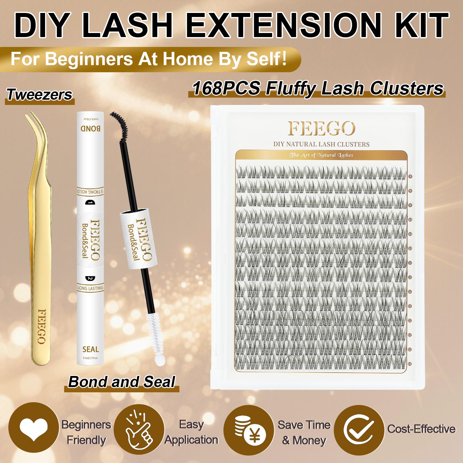 FEEGO Natural Look Lash Extensions Kit Individual Lash Clusters 9-12mm Waterproof Wispy Short C Curl Super Thin Band with Bond & Seal Tweezer for DIY Eyelash Extension at Home Beginners friendly Women&Girls Cosmetic Makeup
